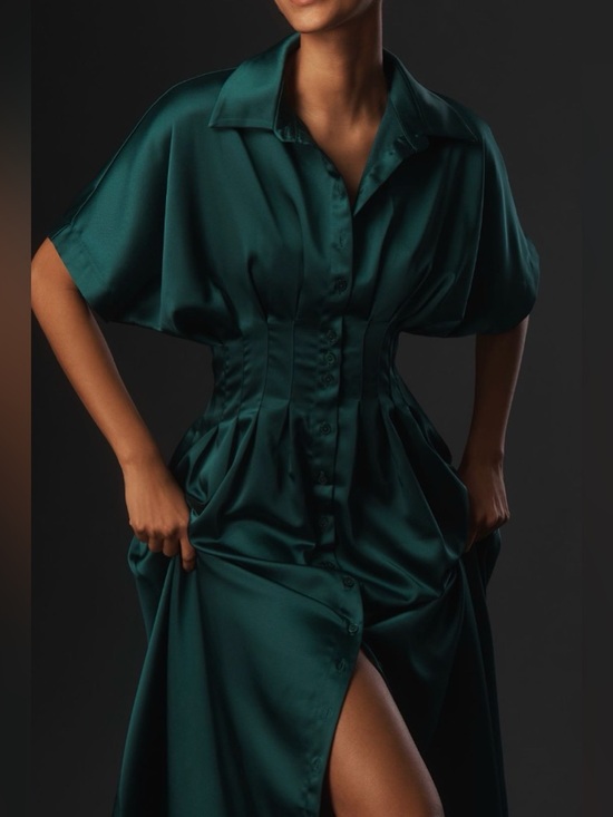 Anthropologie The Tobie Emerald Green Satin Maxi Shirt Dress by Exquise, Size M - Picture 3 of 13
